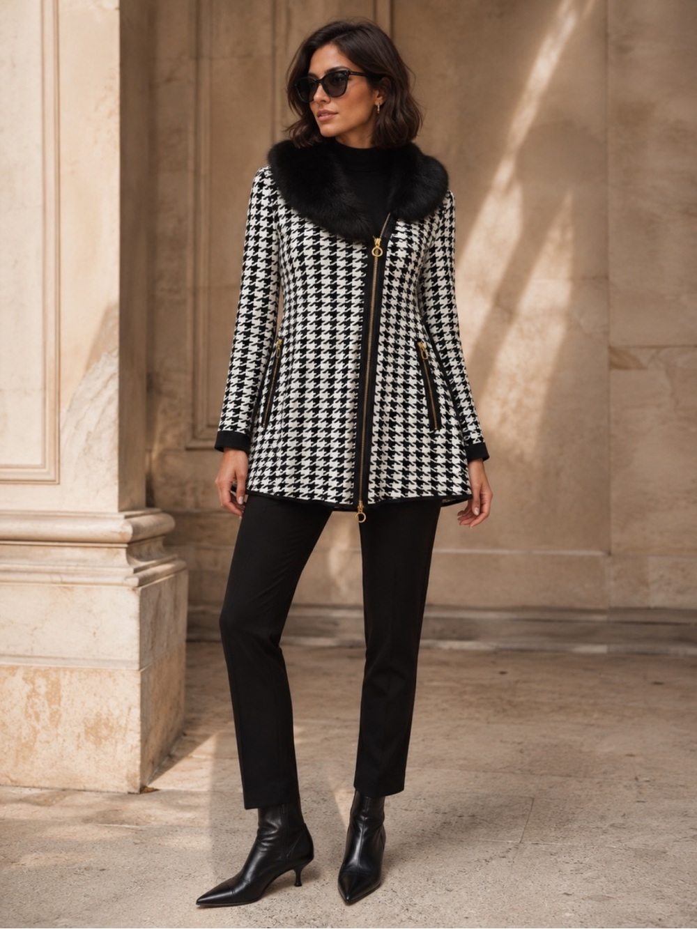 Belldini Black & White Houndstooth Sweater Coat with Removable Faux Fur Collar